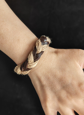 跨境网红手环欧美复古风麻绳编织皮革手链简约多层男女可调节