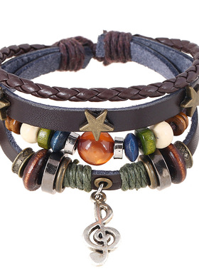 跨境新款饰品简约多层串珠皮革手链个性音符吊坠手环音乐节配饰