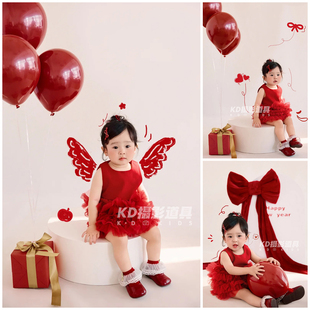 新年红纱萌趣主题摄影服装道具宝宝周岁照拍照衣服影楼写真艺术照