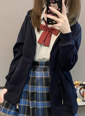 零度句号春秋款卫衣外套女连帽jk卫衣女宽松版藏青色拉链开衫上衣