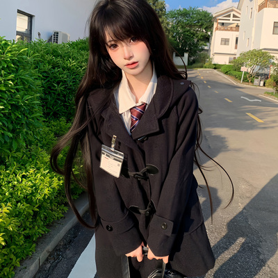 JK牛角扣大衣冬季加厚毛呢外套女