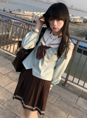 失落小狗/零度句号原创秋冬新款薄荷绿长袖薄巧水手服套装学院风