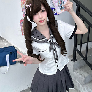 旧画报/零度句号原创jk套装波点领衬衫甜美学院风收腰显瘦女制服