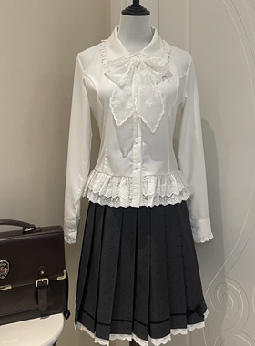 雾月诗/零度句号原创格蕾系长袖学院风花边衬衫上衣波点裙套装女