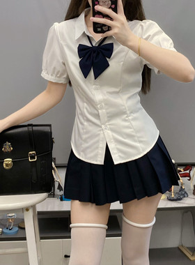 jk短袖修身收腰衬衫辣妹纯欲学院风套装泡泡袖绑带收腰美式衬衣女