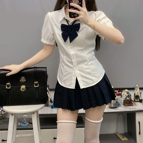 jk短袖修身收腰衬衫女美式学院风