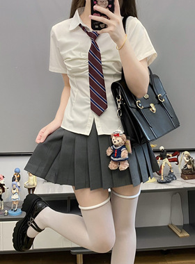 零度句号修身款白色系带收腰短袖衬衫女夏季学院风jk短款制服套装