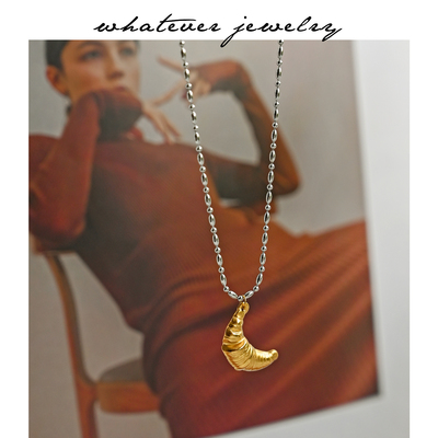 小众金银牛角面包吊坠链条锁骨链