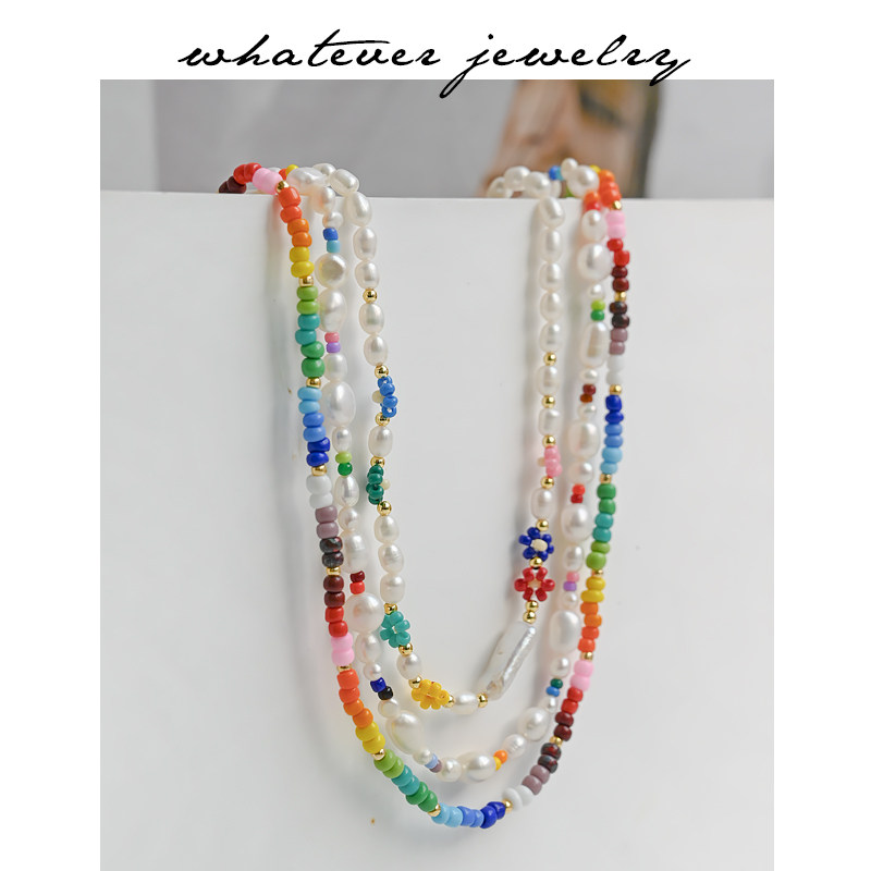 whatever手工糖果彩色串珠小花珍珠项链ins度假风甜美叠带锁骨链