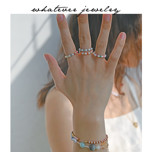 whatever彩串珠珍珠可爱活泼戒指