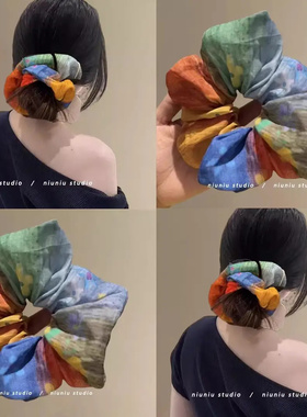 波西米亚风文艺复古原创不规则拼接苎麻手工大肠发圈绿蓝黄色发圈