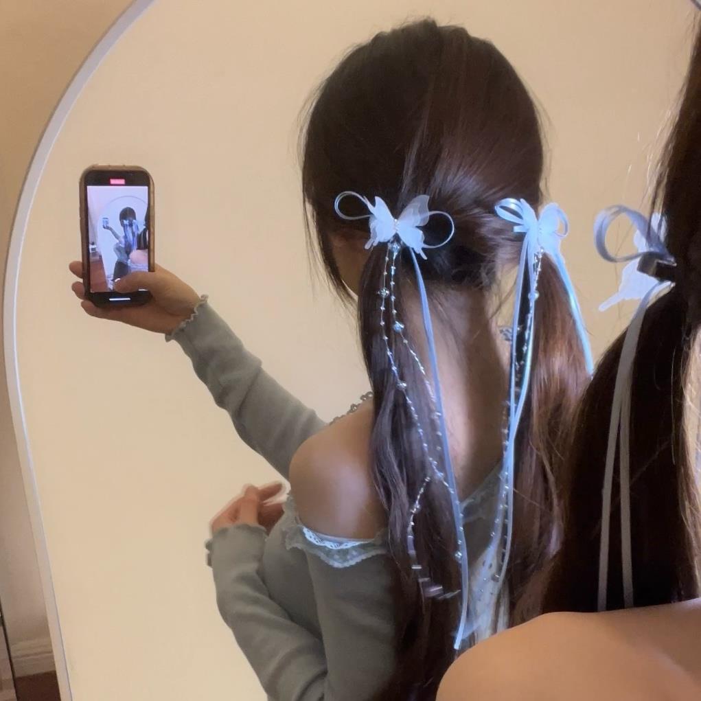 法式丝带珠珠长流苏蝴蝶结发夹芭蕾风甜美少女刘海夹对夹新款发饰