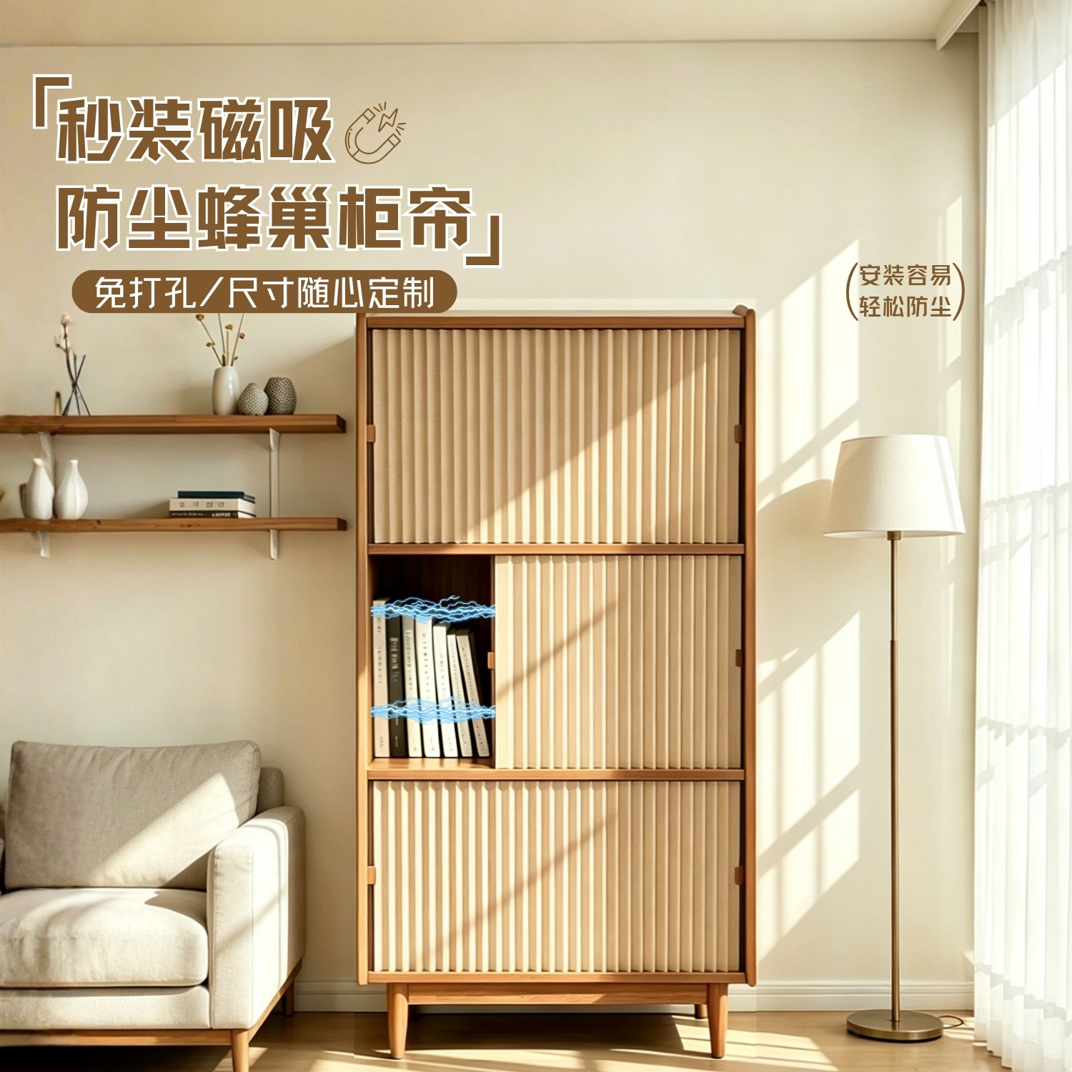 柜子遮挡帘橱柜杂物柜门书柜防尘防晒遮丑蜂巢帘磁吸免打孔柜门帘