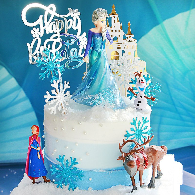冰雪奇缘蛋糕装饰摆件艾莎公主城堡银球雪花插件甜品生日快乐插牌