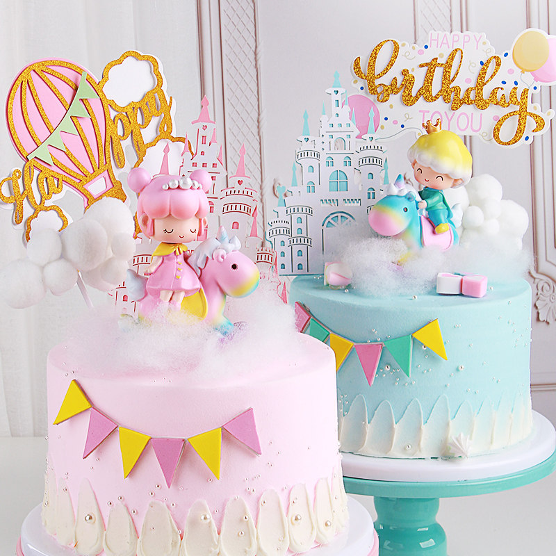 独角兽骑马粉蓝色一岁蛋糕装饰