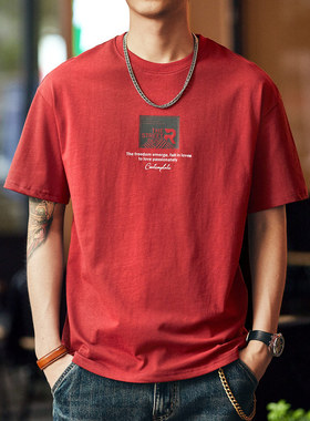 格蓝鹿高端日系复古红色纯棉短袖T恤男宽松重磅夏季新款圆领半袖