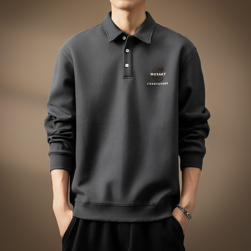 高端美式休闲Polo衫男长袖秋季加绒重磅宽松大码城市通勤上衣服男