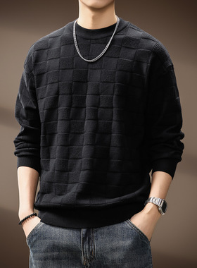 高端潮流轻奢黑色格纹圆领针织衫男秋冬新款休闲宽松百搭重磅毛衣