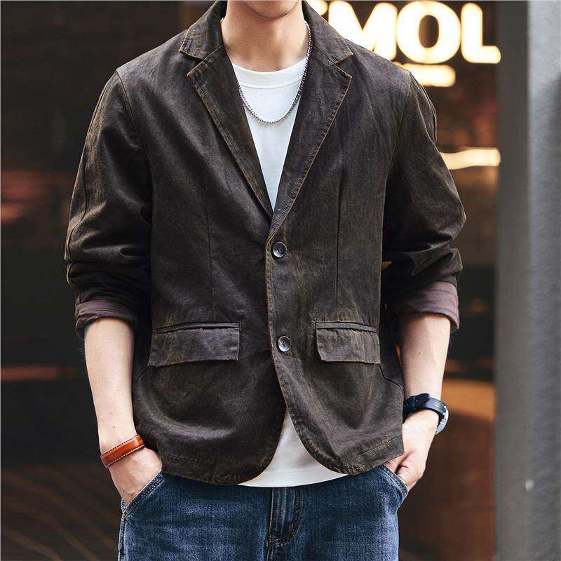 格蓝鹿2026春秋高级感水洗西装外套男士新款宽松做旧休闲西服夹克
