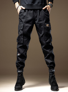 美式重磅黑色多口袋工装裤子男秋季新款宽松直筒户外耐磨休闲裤男
