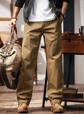 格蓝鹿美式复古重磅工装裤男秋冬季潮牌宽松休闲裤百搭直筒裤子男