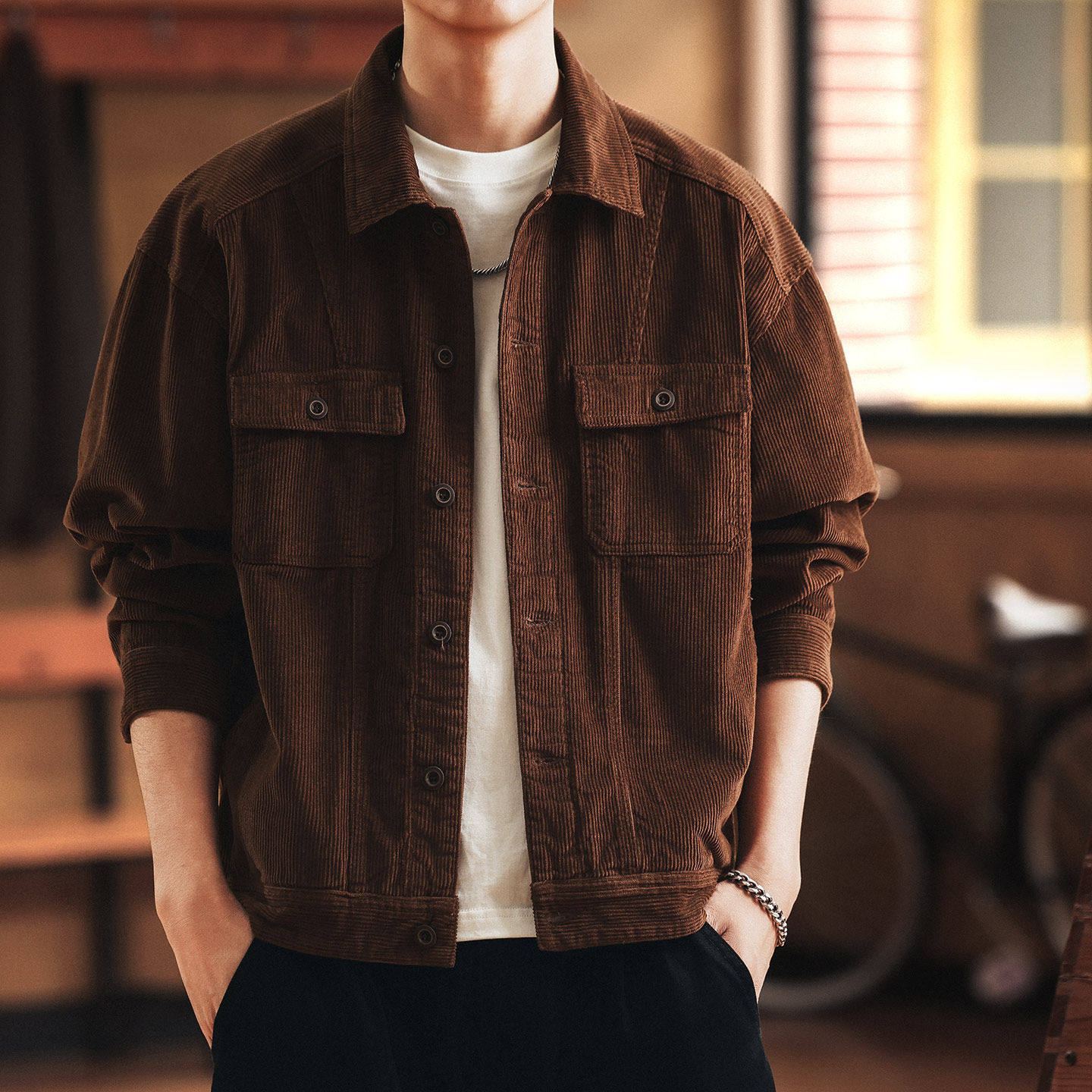 格蓝鹿美式复古重磅灯芯绒夹克男外套2025秋冬新款工装休闲衬衫男