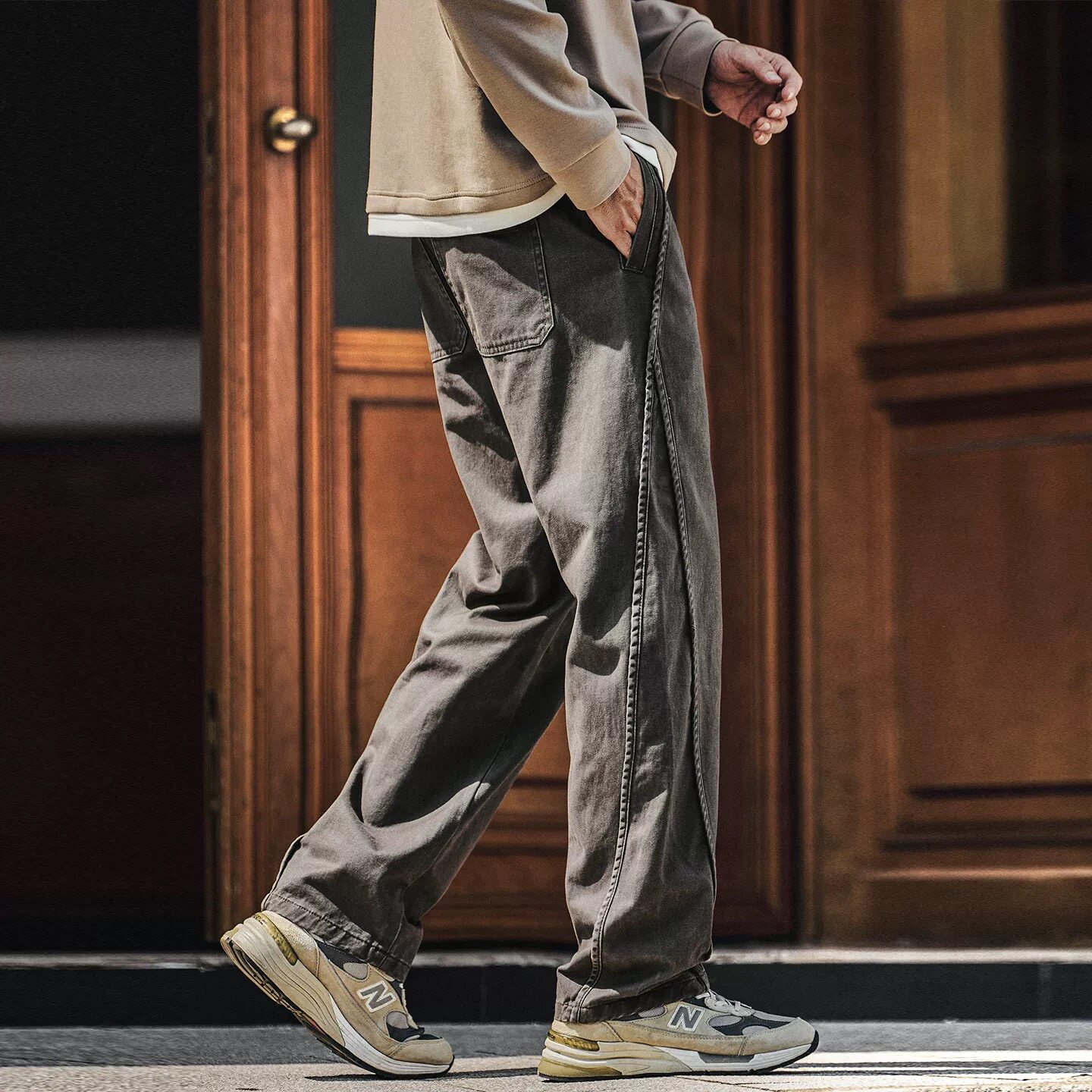 格蓝鹿高级感设计老钱风拼接工装裤子男秋冬款宽松垂感休闲直筒裤