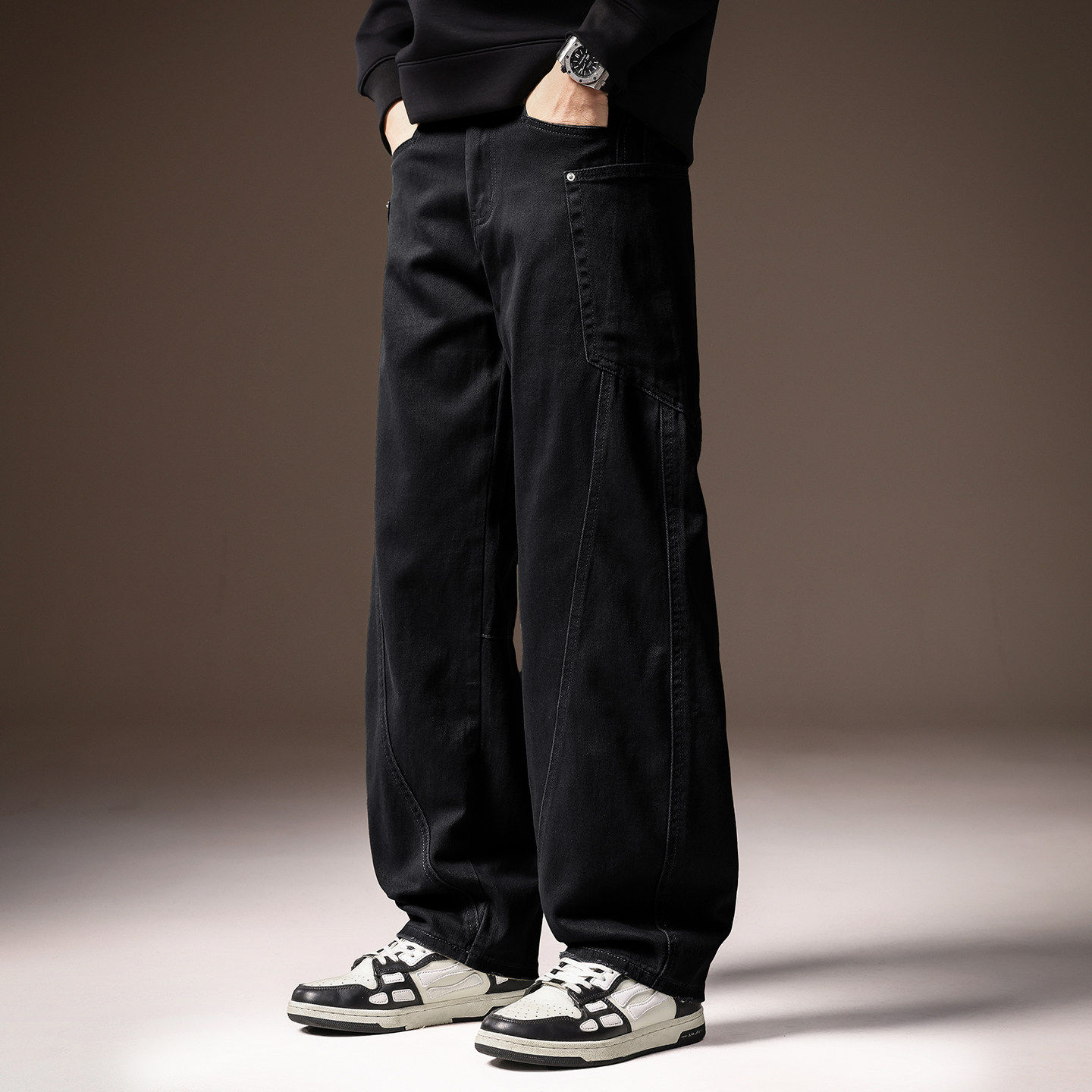 高端复古宽松直筒垂感牛仔裤男阔腿冬季加绒美式潮牌休闲弯刀裤子