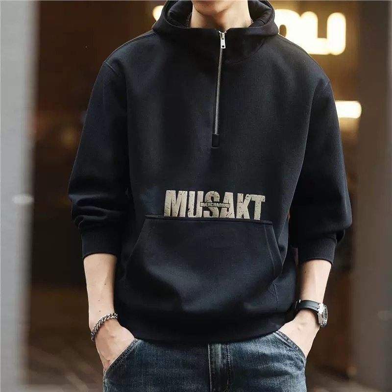 格蓝鹿美式复古潮流连帽男士卫衣秋季2025加绒宽松半拉链休闲外套