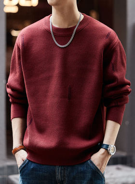 格蓝鹿美式重磅本命年红色男士毛衣2025秋冬季宽松圆领针织打底衫