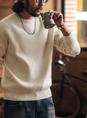 格蓝鹿高端美式重磅7针粗线男士毛衣秋冬新款慵懒风针织打底衫男