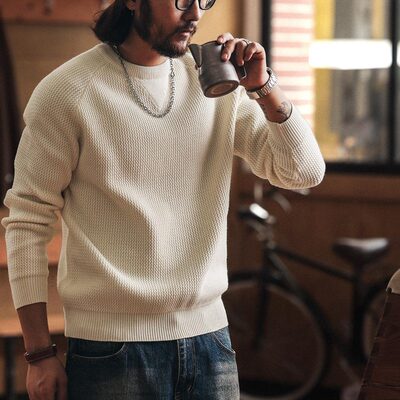 格蓝鹿高端美式重磅7针粗线男士毛衣秋冬新款慵懒风针织打底衫男