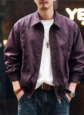 格蓝鹿美式潮牌哈灵顿飞行员男士夹克2025秋季新款紫色教练外套男