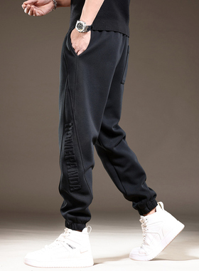 高端美式重磅加绒钢印运动卫裤男秋季新款束脚休闲裤黑色长裤子男