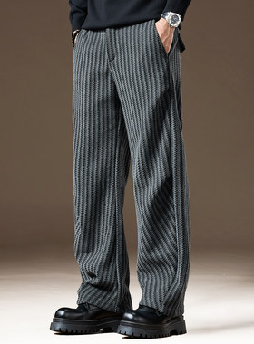 高端美式潮牌鱼骨纹加绒休闲裤男冬季褶皱宽松直筒条纹运动卫裤子