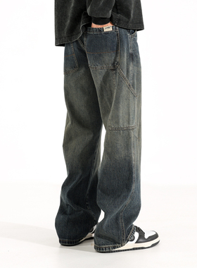 Ceecuz 复古水洗做旧工装牛仔裤男美式vintage宽松阔腿直筒休闲裤