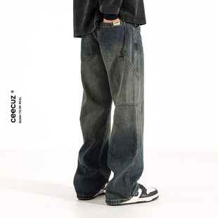 Ceecuz 复古水洗做旧工装牛仔裤男美式vintage宽松阔腿直筒休闲裤