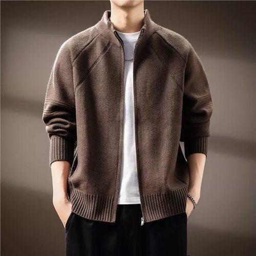 高端930g重磅开衫毛衣男士外套秋冬宽松慵懒风美式休闲拉链针织衫
