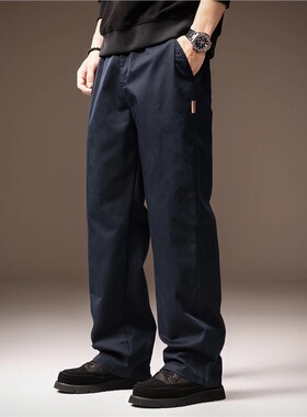 高端美式秋季加绒直筒工装裤男士复古潮牌宽松大码阔腿休闲长裤子