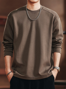 格蓝鹿高端美式重磅纯色拼接长袖T恤男复古宽松秋季新款打底卫衣