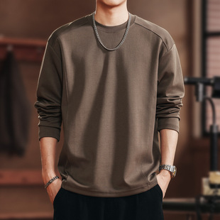 格蓝鹿高端美式重磅纯色拼接长袖T恤男复古宽松秋季新款打底卫衣