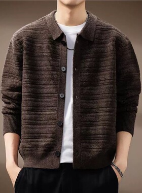 高端美式复古翻领毛衣男秋冬新款潮牌宽松休闲老钱风针织开衫外套