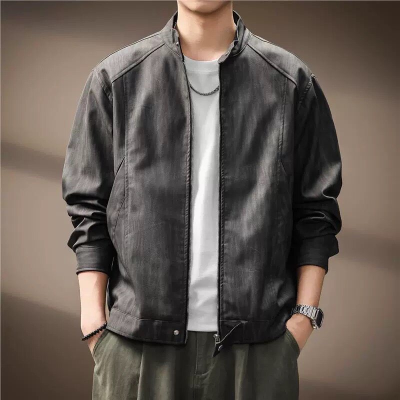 高端纹理感机车立领皮夹克男士2026春秋新款宽松美式复古皮衣外套