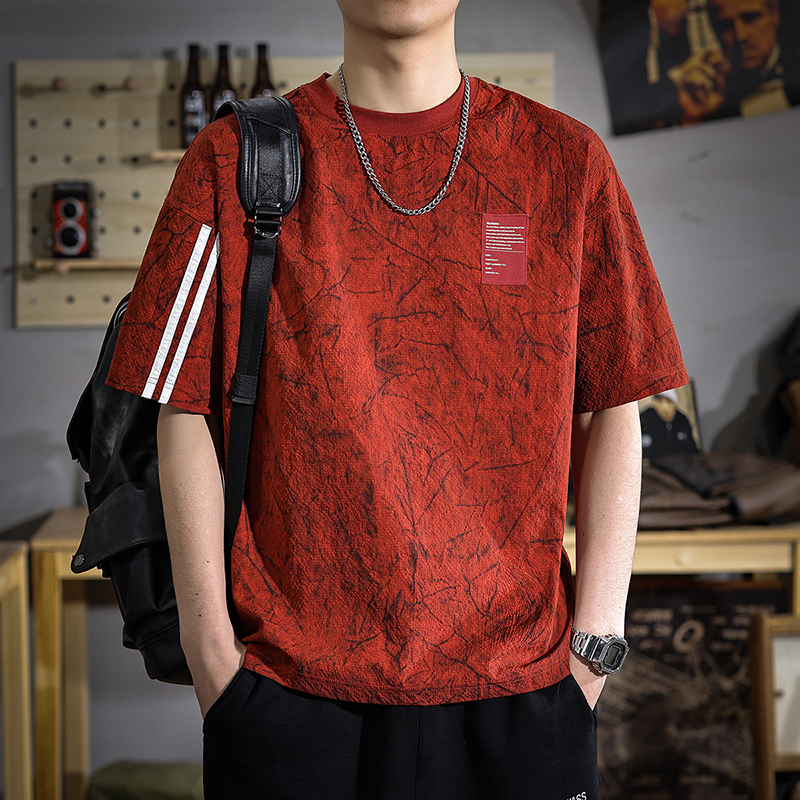 新款夏季高级红色男士短袖t恤美式潮牌贴标半袖宽松休闲冰丝体恤