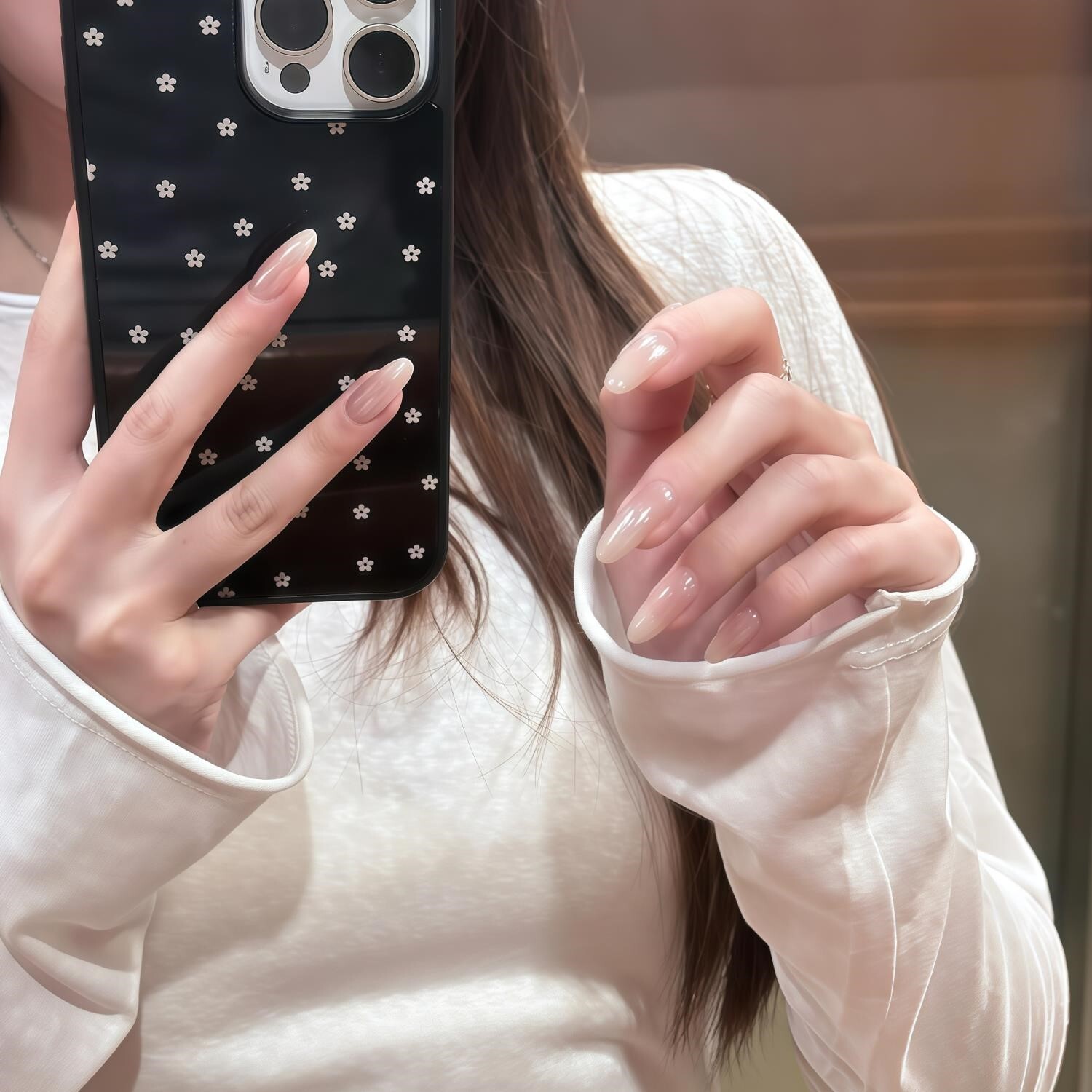 海莉同款纯欲风温柔裸色极光粉渐变光疗孕妇新娘手工穿戴甲可拆卸
