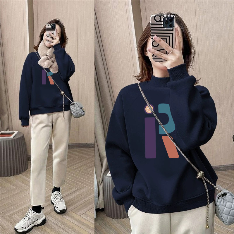 Half-high Collar Pullover Printed Base Layer, Warm, Fleece Lined, Thickened Sweatshirt for Women, New 2025 Autumn and Winter Loose Korean Style