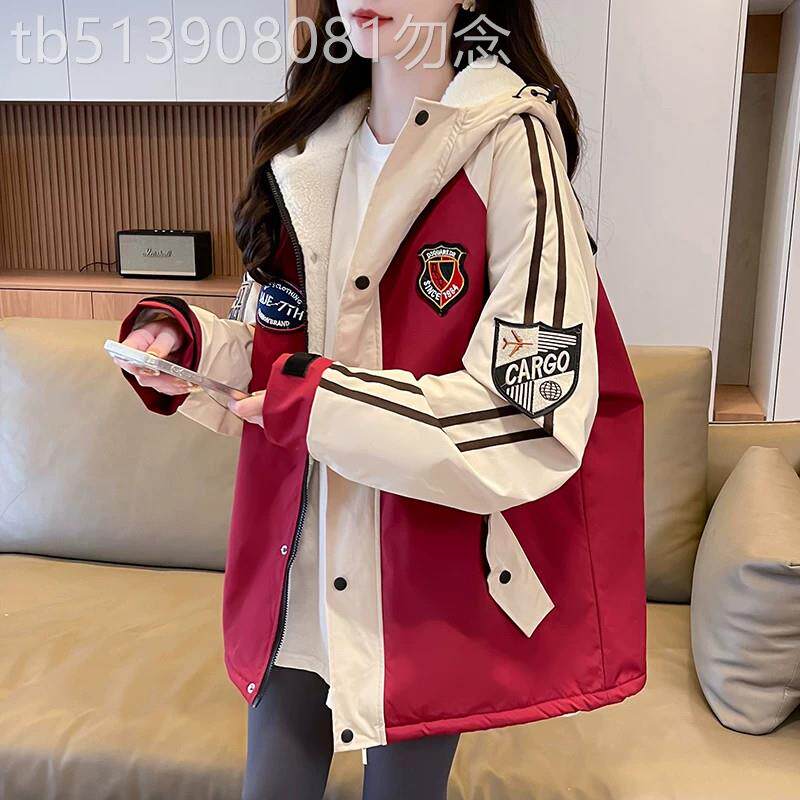 工装冲锋衣外套女冬季加绒加厚防风衣初高中学生休闲大码连帽棉衣