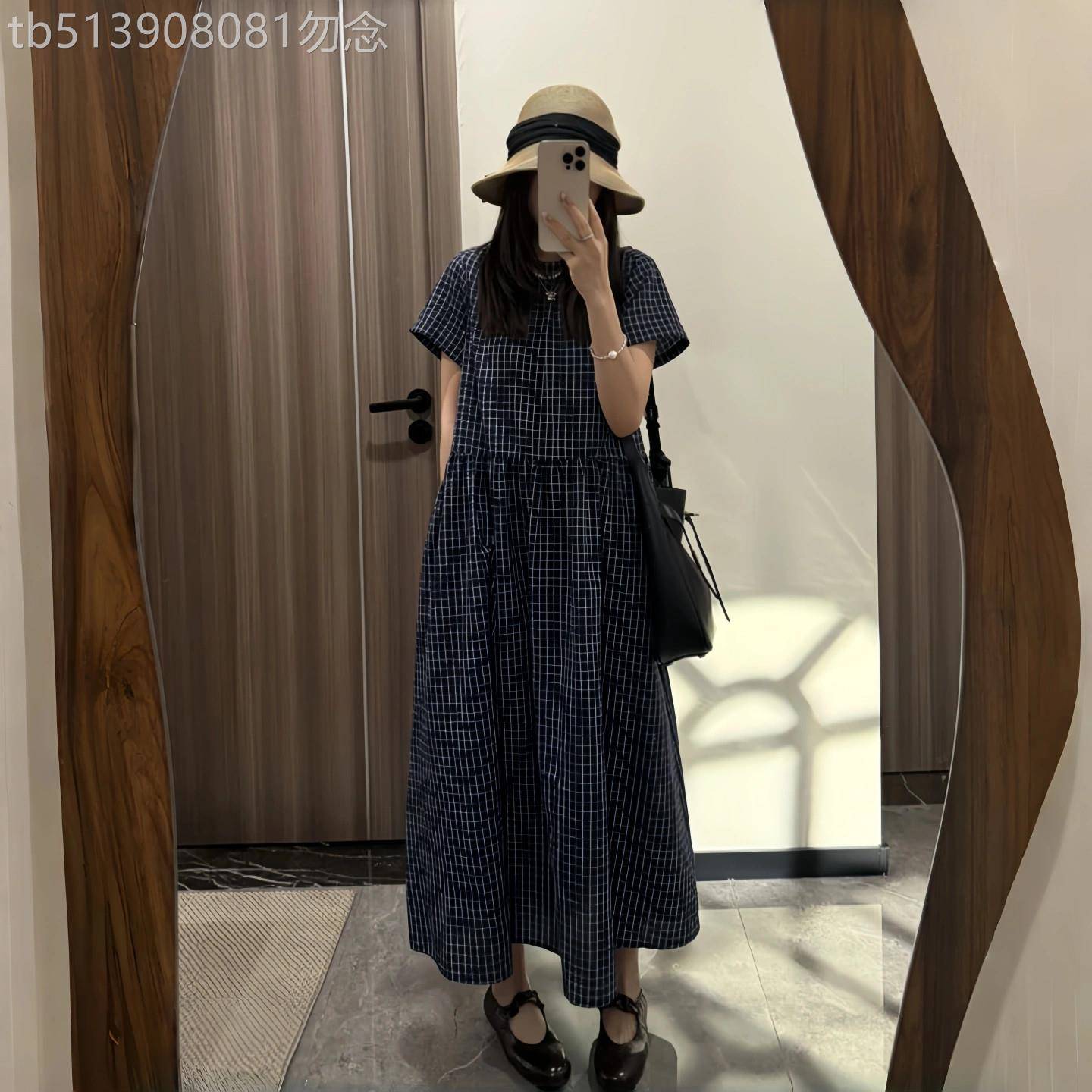 格纹短袖洋装女夏季新款宽松大尺码显瘦遮肉女士时尚休闲 长裙子