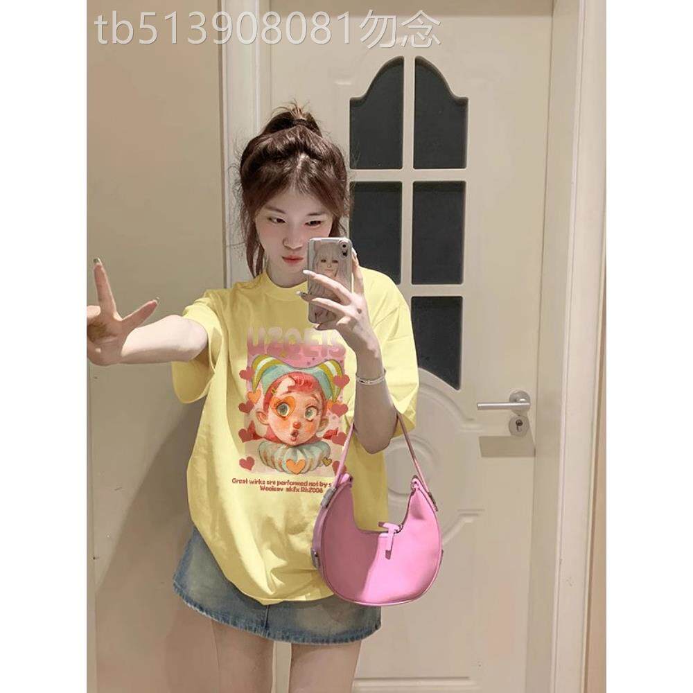 美国嫩黄色小众右肩纯棉短袖女式t恤2025夏季新款超大印花上衣