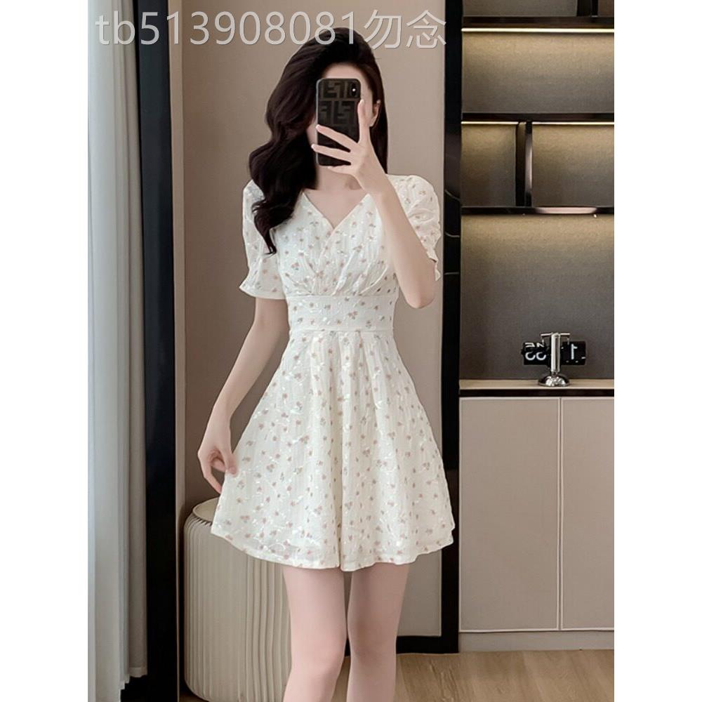 轻奢小清新V领碎花雪纺连衣裙女夏小个子束腰高级感气质漂亮短裙